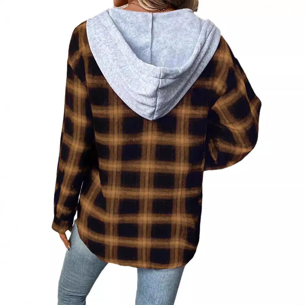 GMXIA Plaid Print Autumn Winter Women's Fall Winter Hoodie Breasted Casual Shirt Jackets & Coats