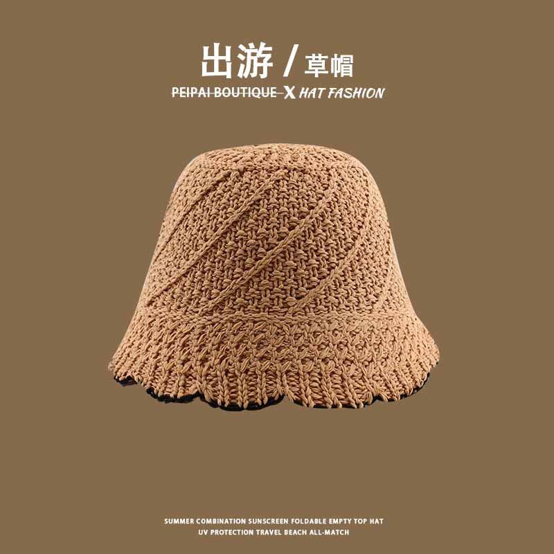 Women's Straw Hat Woven Sunshade Beach Hat Summer Hollow Breathable Bucket Hat Beach Sunshade Hat