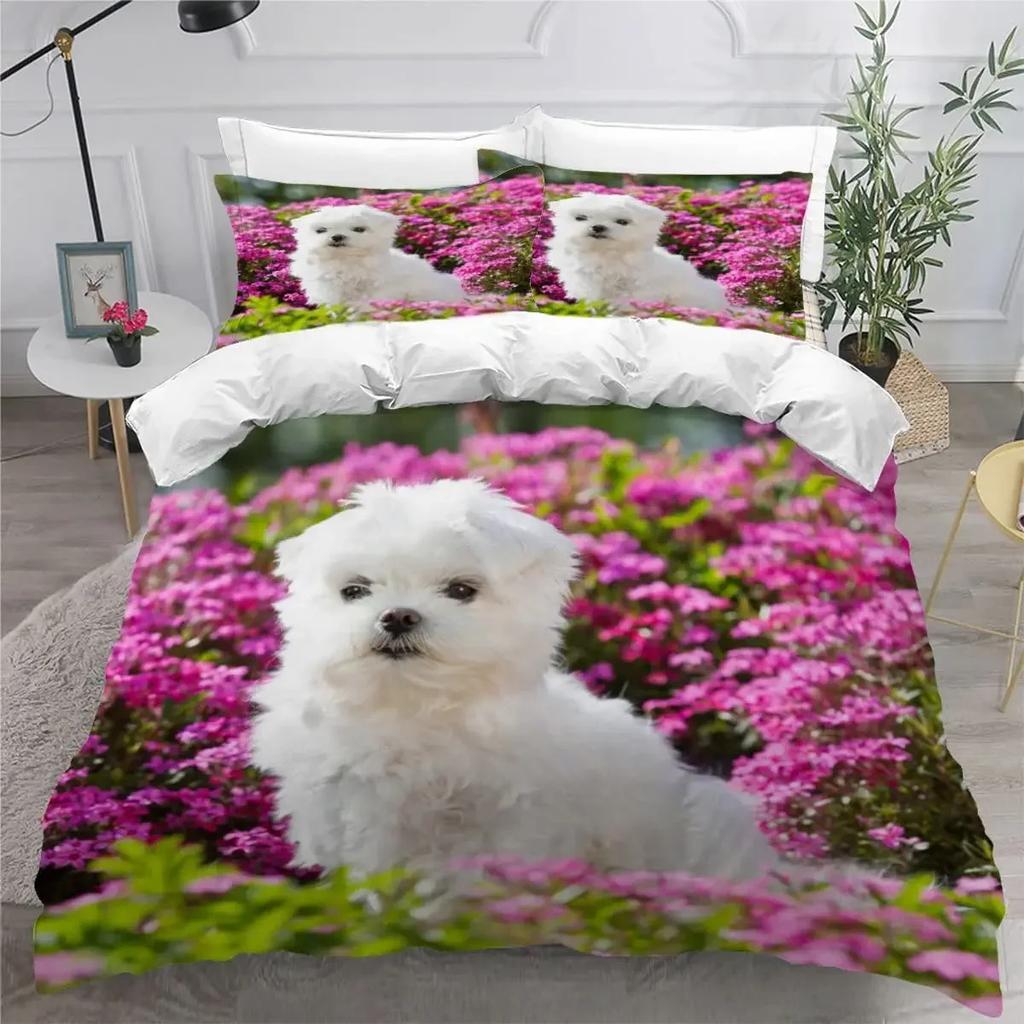 Sött Påslakanset med Maltesisk Hund Husdjur Hundar Tema Sängkläder Mikrofiber Kawaii Djur Täcke Överdrag Twin King För Barn Tonåringar