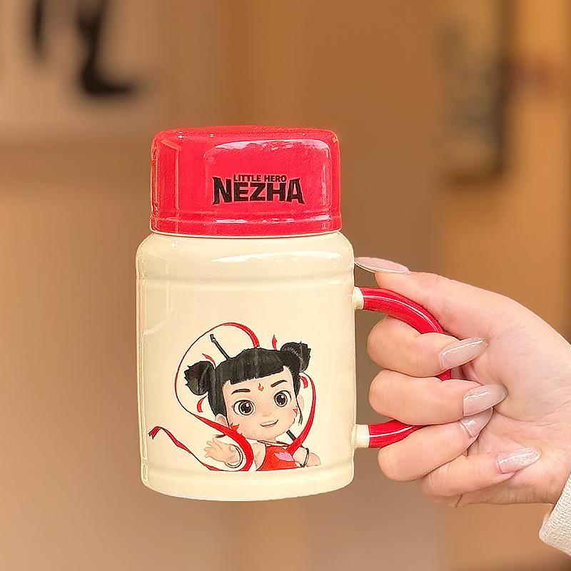 

Cute Nezha joint mug with lid ceramic cup dormitory home drinking water birthday gift couple water cup woman Nezha series