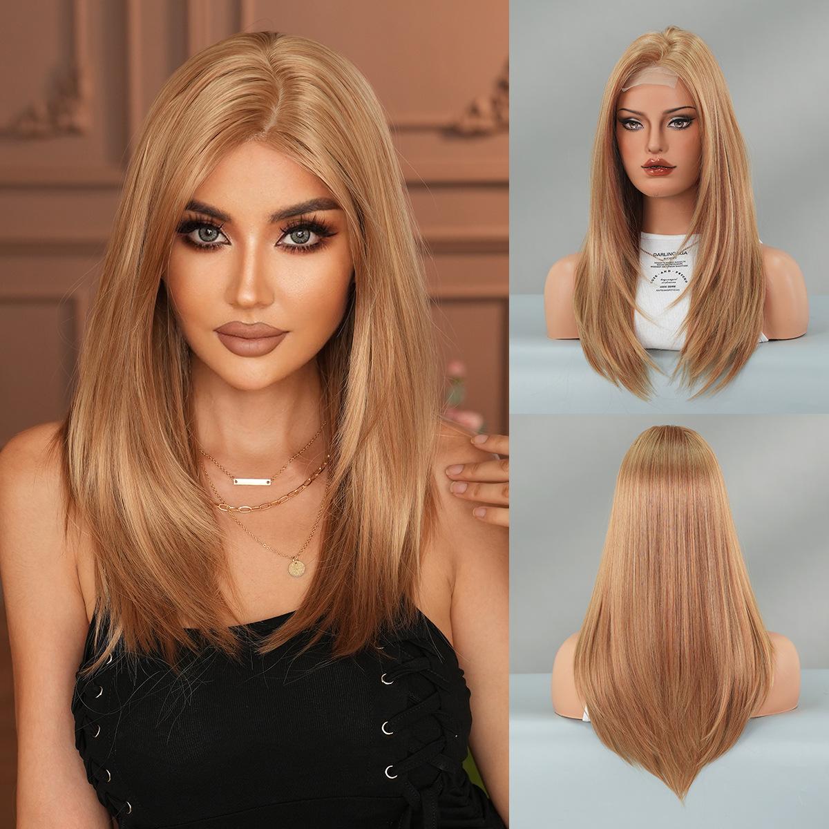 

Азиатская красотка блондинка кружевной парик - Полная шапка, загнутые внутрь прямые волосы, быстрая красота, реалистичный парик с пробором, ретро многослойный стиль 60CM