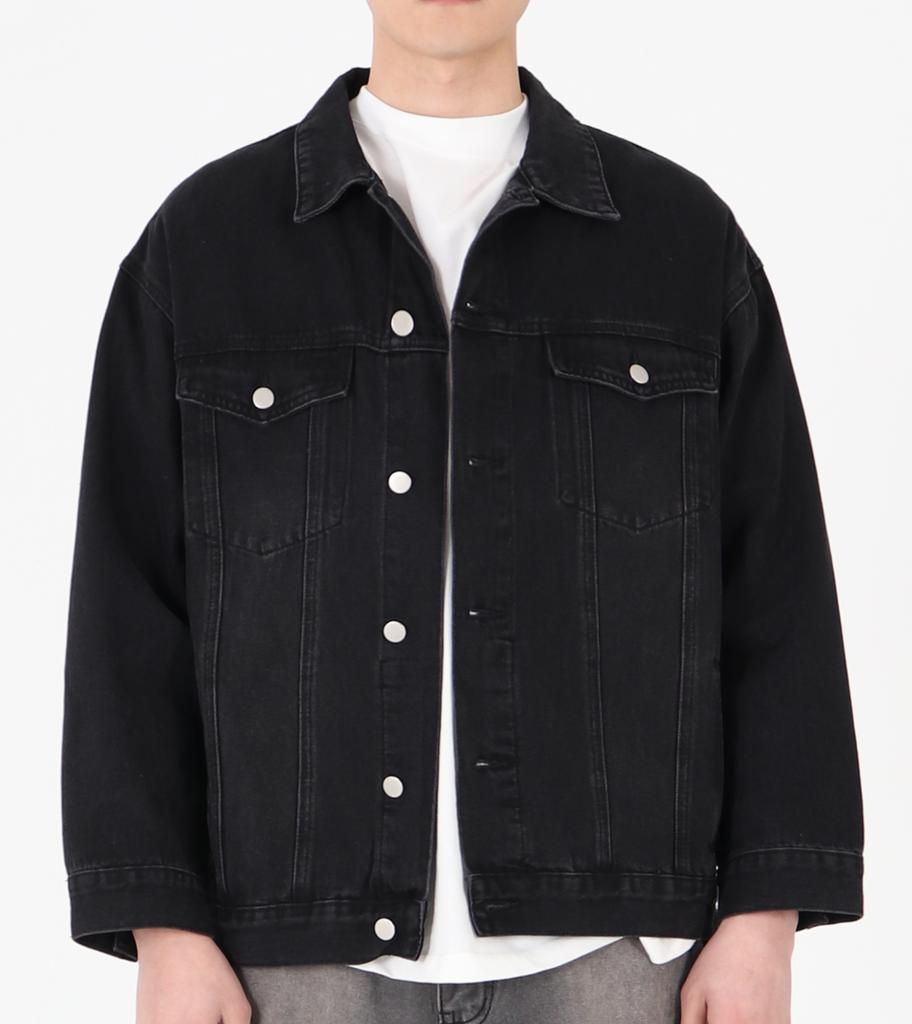 Button Seoul Oversized Washed Vintage Denim Jacket (Black)