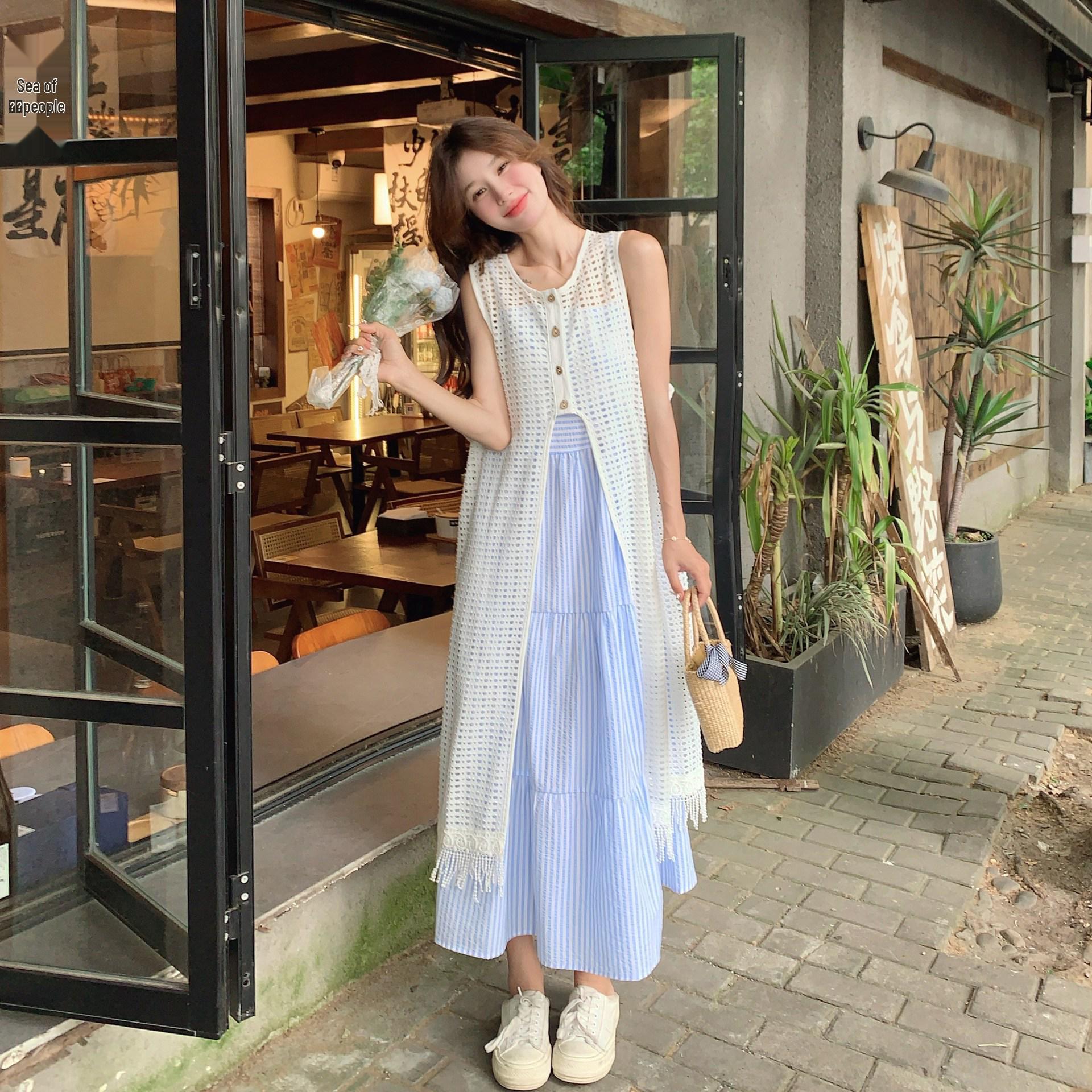 

Women s Blue Striped Suspender Skirt Suit with Blouse - Summer 2025 New Style S