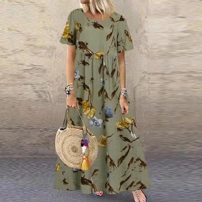 Vestido de manga curta com decote redondo Vestido estampado em algodão e linho Vestido casual