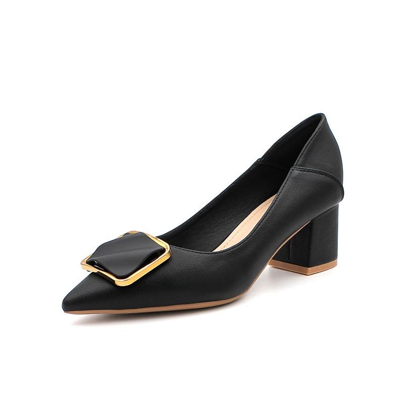 55-Pointed head shallow mouth single shoes square buckle commuter work shoes comfortable thick heel high heels comfortable height increase
