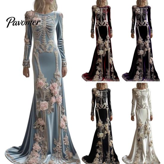 Skeleton Print Maxi Dress Women Dress, Gothic Long Sleeve with Evening 3D Flower Decor, Velvet Floral for Halloween Costume Party Design