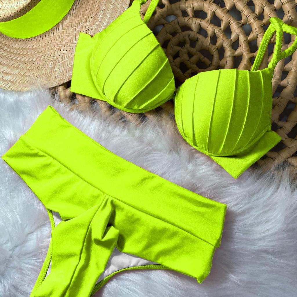 Push Up Bikini Set 2026 Sexy Women Swimsuit Shiny Swimwear High Waisted Bikini Brazilian Biquini Swimming Suit Solid Beachwear