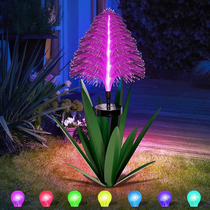 Metal Outdoor Decoration Gift Metal Agave Plants Outdoor Decor, Metal Agave Yard Art Garden Lights Solar Outdoor, 7 Color Changing Garden Yard