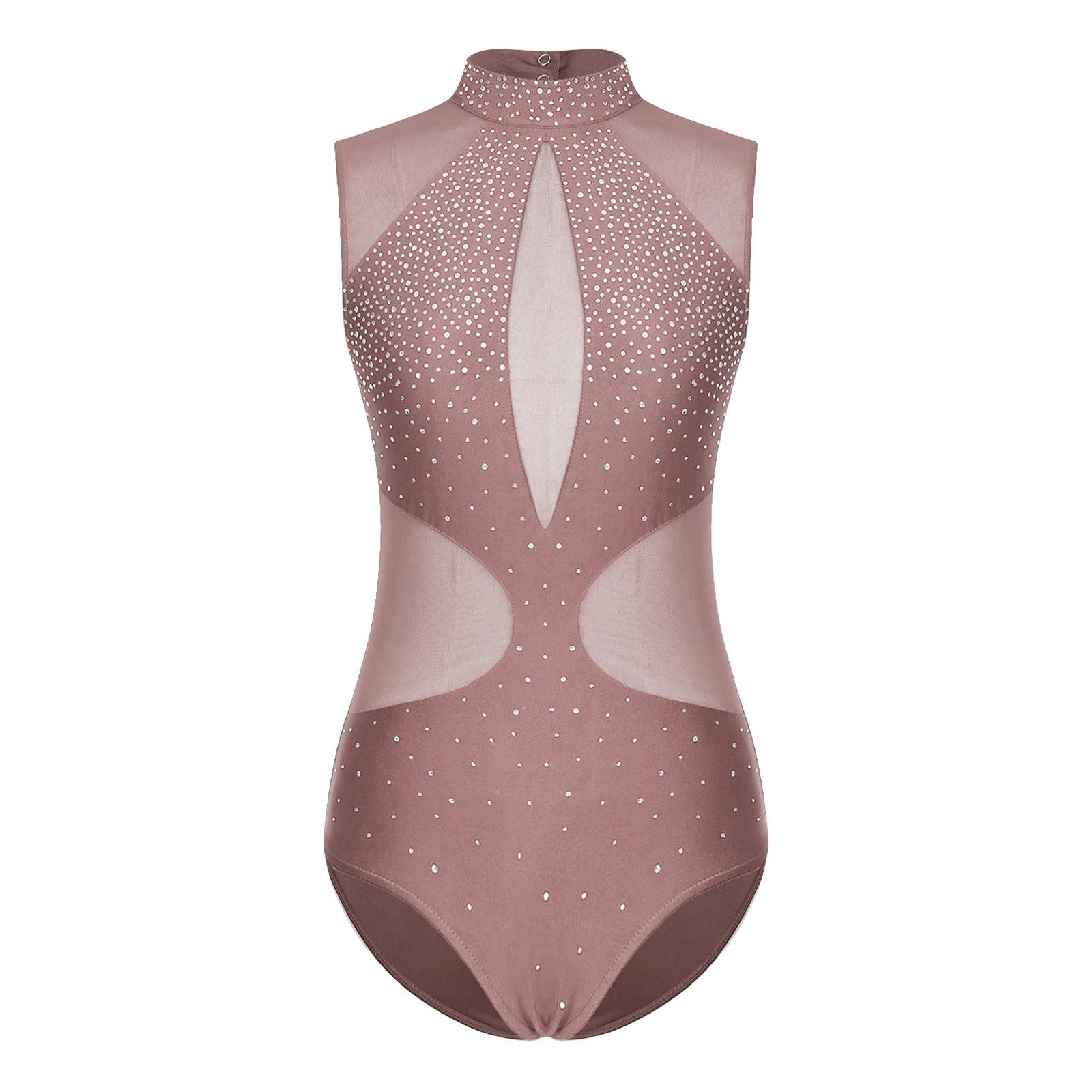 

Womens Sparkly Rhinestone Figure Skating Leotard Sheer Mesh Patchwork Sleeveless Cutout Back Bodysuit S коричневий