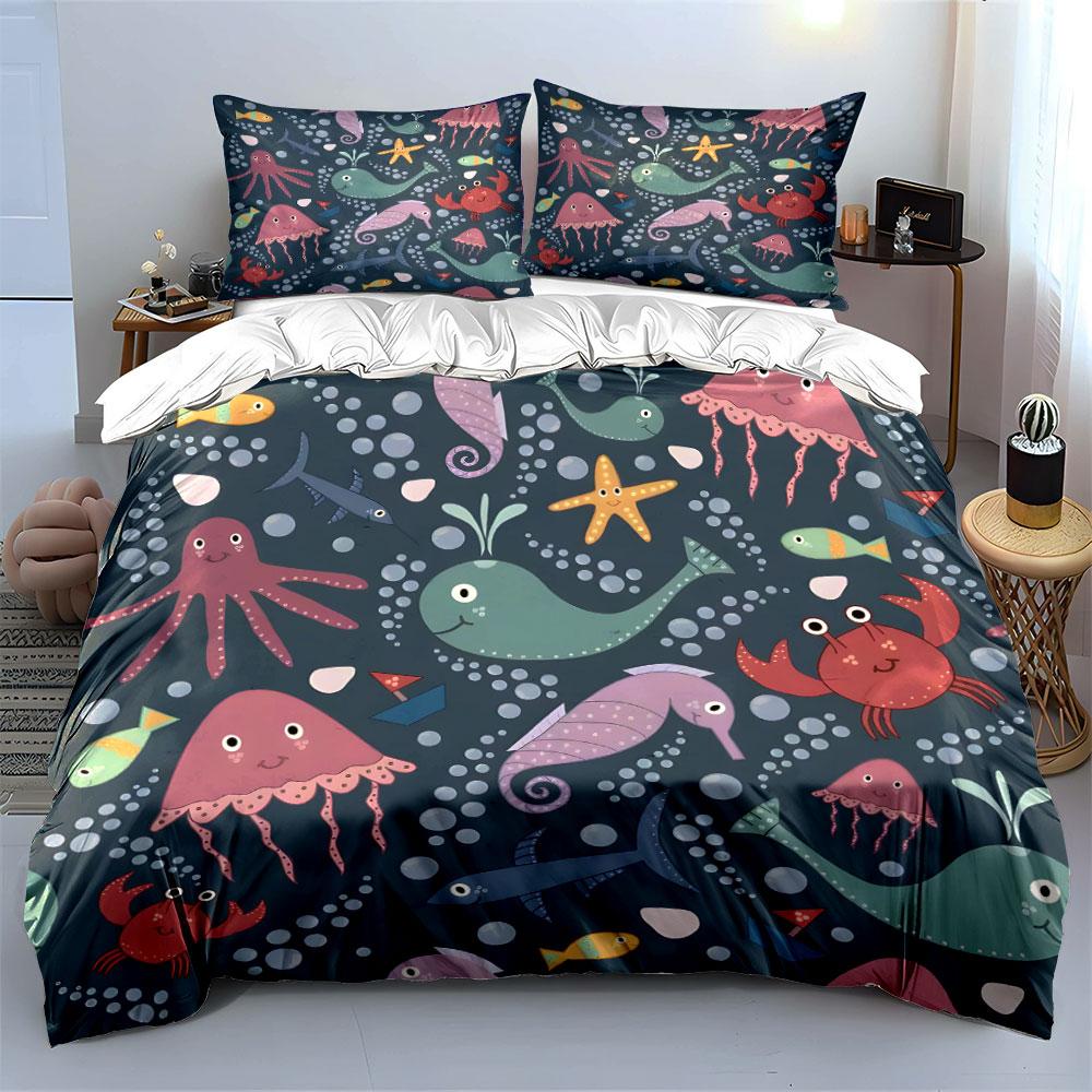 Cute Ocean Animals Pattern Bedding Duvet Cover Set (1*Duvet Cover 2*Pillowcases, without duvet insert)