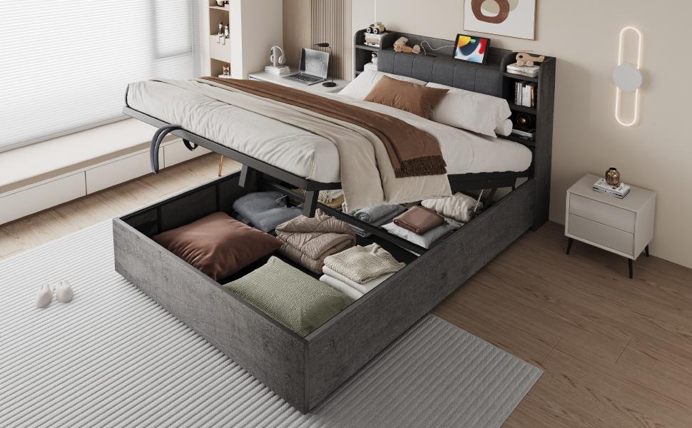 Wooden Bed 180 x 200 cm, Hydraulic, Headboard with Storage, Equipped with USB Port and Type-C Socket, Double Bed, Single Bed, Grey (Without Mattress)