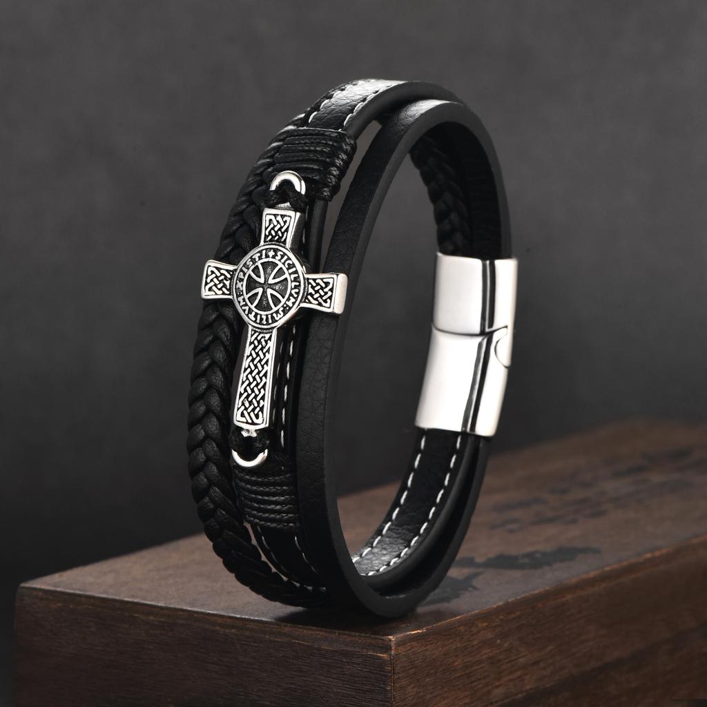 Creative Multi Layer Braided Cross Titanium Steel Leather Bracelet Personality Bangle
