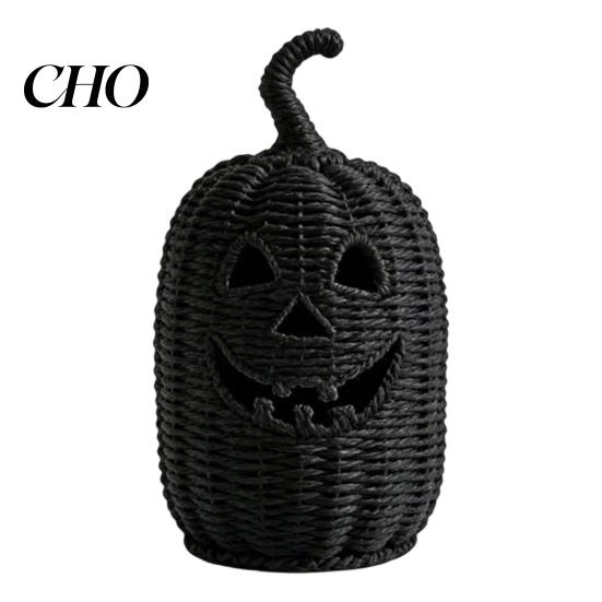 Bol à bonbons en résine noire Panier Citrouille d'Halloween, Lanterne Ornementale Tressée Fausse, Pot d'Éclairage d'Ambiance Mystérieuse Sinistre pour Décoration de Table de Chevet Cheminée