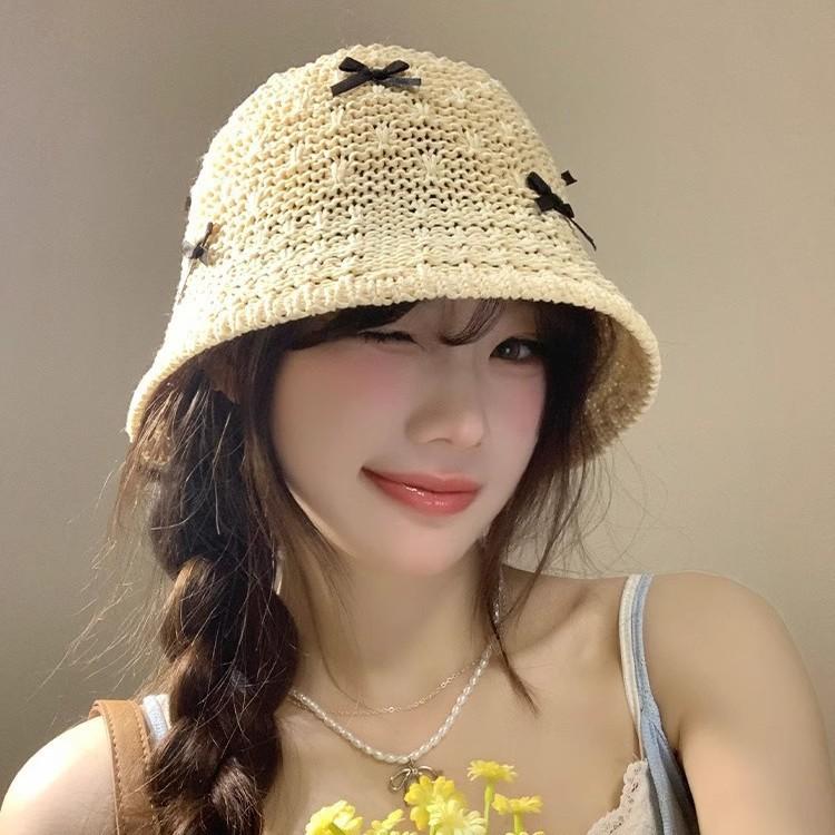 Summer New Hollow Woven Straw Hat Women's Sunscreen Sunshade Bucket Hat Versatile Face Small Holiday Wind Straw Woven Basin Hat