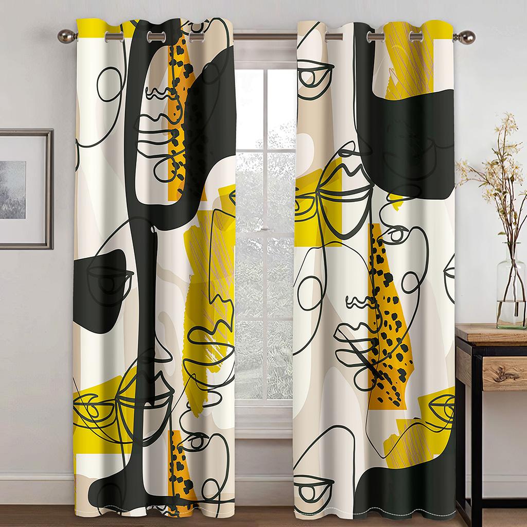 Cheap 240*270CM Abstract Art Modern Simple Black Face Thin Windows Curtains for Living Room Bedroom Decor 2 Pieces Free Shipping