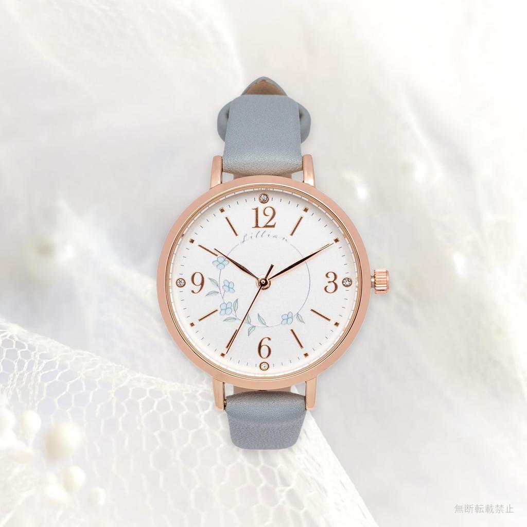 FIELD WORK MKL2611-3 women's analog watch with leather strap, simple floral pattern, rosam blue