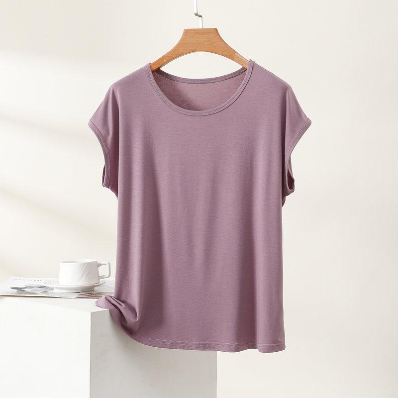 Camiseta Modal de Mujer Verano Fina Cuello Redondo Manga Corta Blusa Minimalista Holgada Tallas Grandes Transpirable Casual Diaria Camisetas