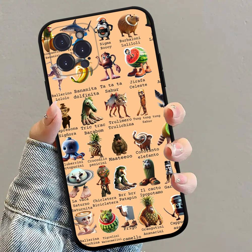 Italian Brainrot Animals Anime Black Soft Silicone Phone Case For Iphone17 Air 16 15 14 13 12 11 Mini Pro Max Plus