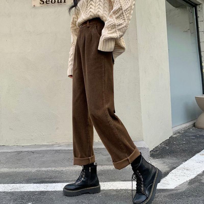 Pantaloni di velluto a coste vintage Pantaloni dritti a vita alta con tasche causali Tutti abbinati a pantaloni coreani femminili