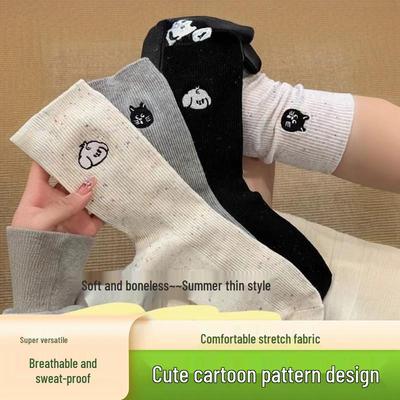 Set of 5 Pairs: Cute Cartoon Embroidery Women's Mid-Calf Socks – Pure Cotton, Japanese Style for Spring/Fall.