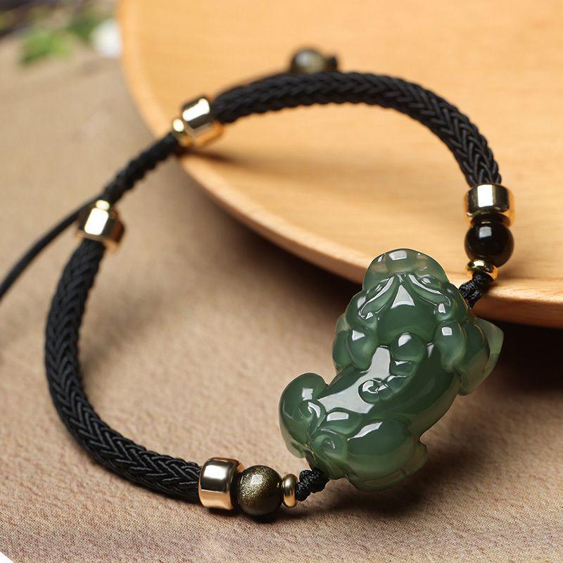 Pulsera Amuleto Pixiu Atractora de Riqueza de Jade Hetian para Parejas - Joyería de Cuerda de Mano de Jade y Cuentas para Mujeres y Hombres.