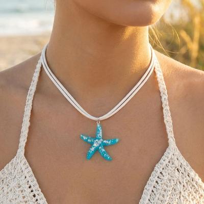Boho Blue Large Resin Starfish Pendant Necklace for Women Simple Double Layer Rope Chain Choker Summer Beach Vacation Jewelry