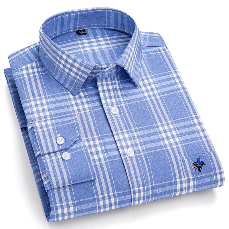 Pure Cotton Plaid Shirts for Men Logo Long Sleeve Quality Formal Business Man Shirt