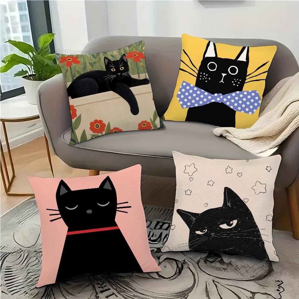 Cute Black Cat Pillow Case Square Pillow Bedroom Sofa Leisure Comfort Cushion Car Living Room Home Decoration 40X40