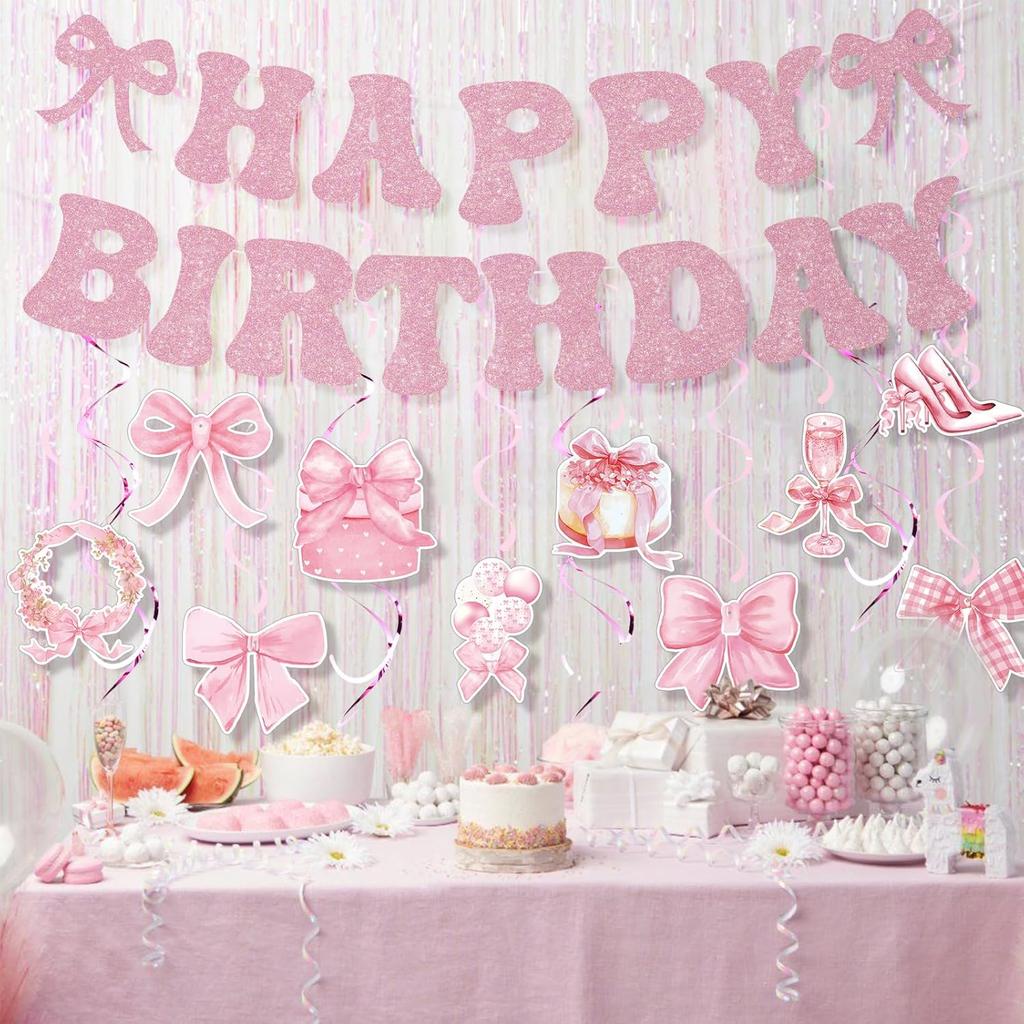 25 Pcs Pink Bow Birthday Party Decorations Glitter Happy Birthday Banner Garland Pink Hanging Swirls Bow Themed Party Decor Streamers for Girls Women