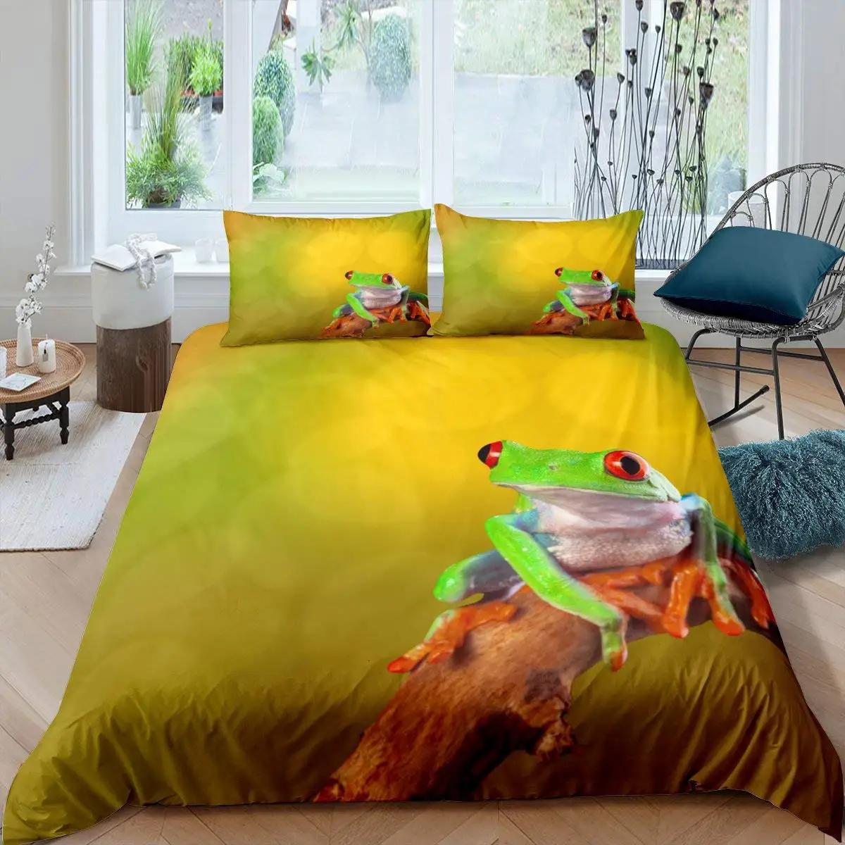 

3D Frog Family King Quen Soft Duvet Cover Litle Tre Frog Beding Set Tropical Nature Animal Comfortable Quilt Cover Polyester Warm Comforter Cover 120*200cm Single