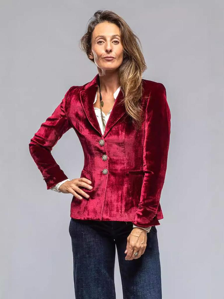 Versatile Velvet Blazer for Women, Retro Style Long Sleeve Outerwear Jacket with Pockets