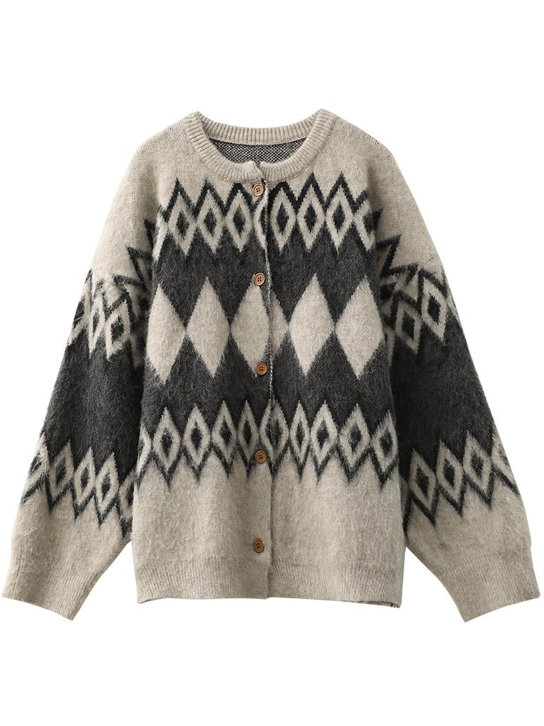 CHICVEN Women's Retro Fair Isle Diamond Pattern Thick Knit Cardigan