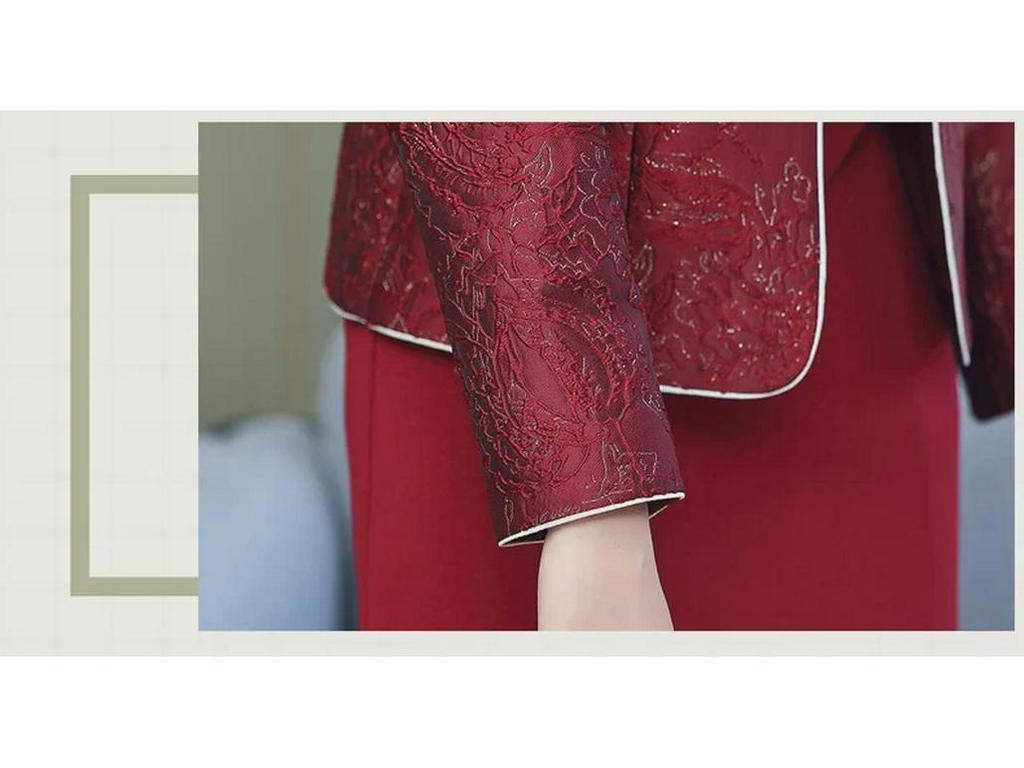 2023 Set rochie roșie din două piese pentru femei de vârstă mijlocie și în vârstă: Fusta la modă până la genunchi pentru nunți și banchete