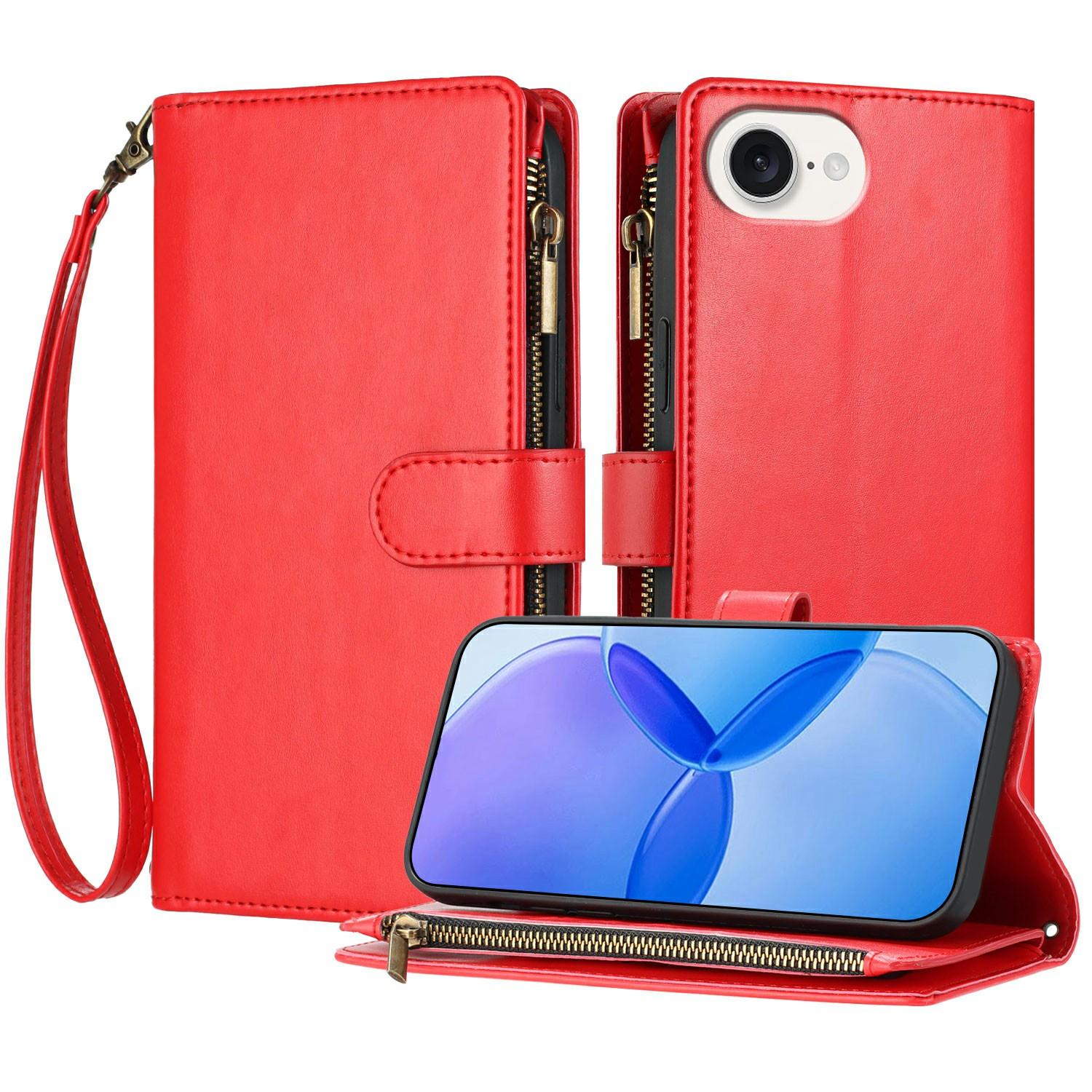 

For iPhone 16e Leather Case Zipper Wallet Stand Shockproof Phone Cover with Wrist Strap Red