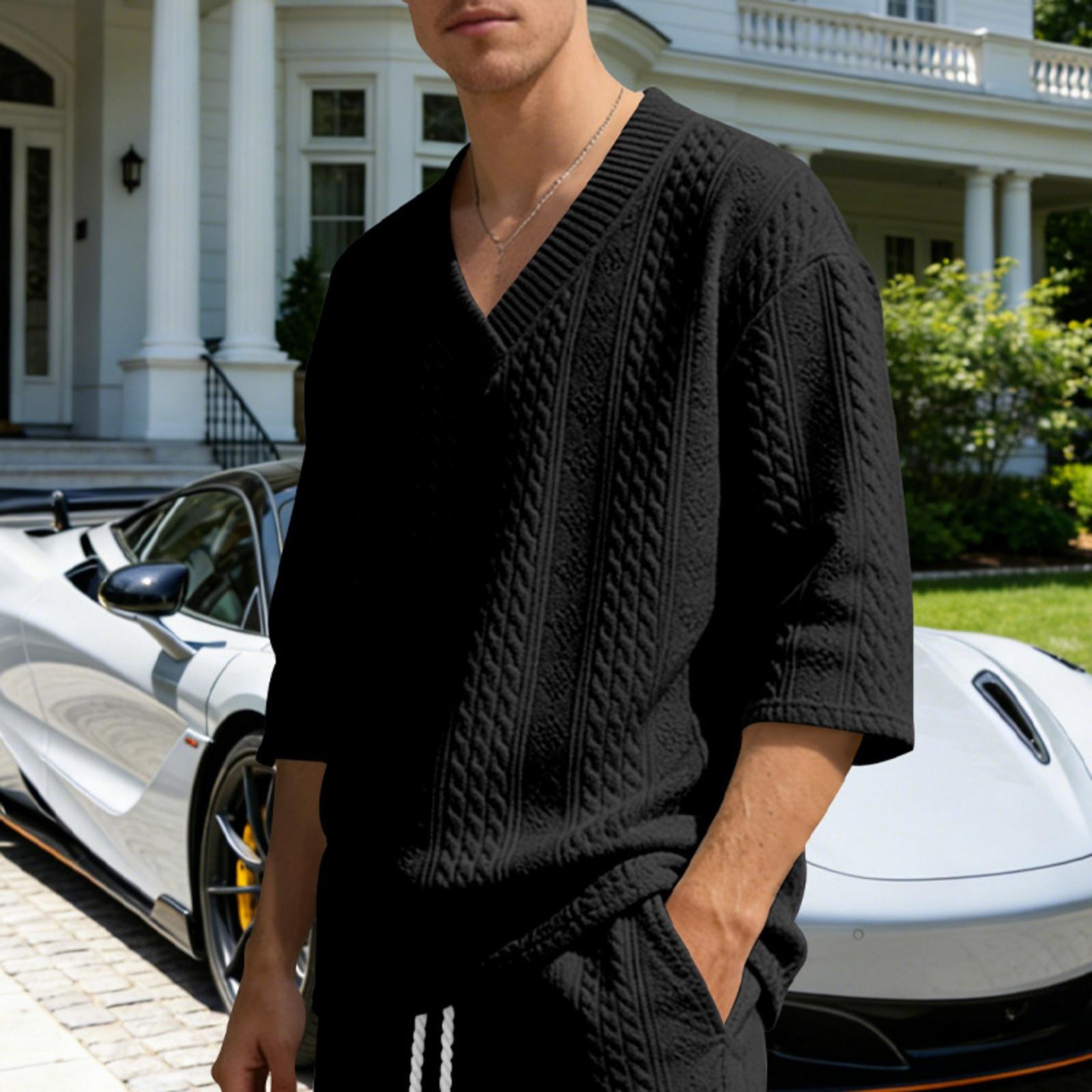 Men s Casual V-Neck Three-Quarter Sleeve T-Shirt Loose Fit for Everyday Wear L