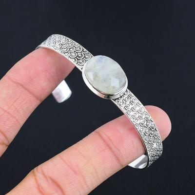 Natürlicher Regenbogenmondstein Edelstein Armreif Verstellbar 925 Silber Für Mädchen