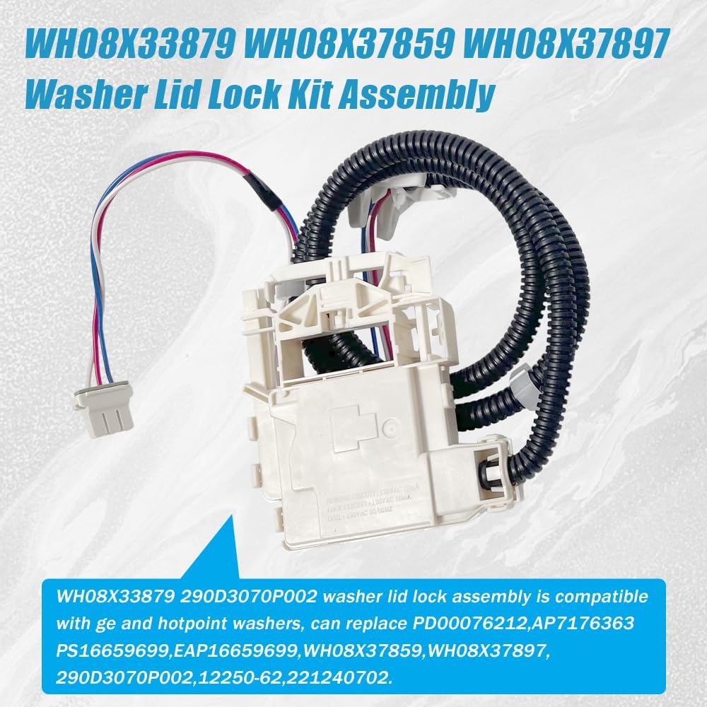 WH08X33879 Washer Lid Lock for GE PTW/GTW Series WH08X37859 Switch | Replacement for GE GTW220ACW0WW lid lock solves start failures, spin issues, or