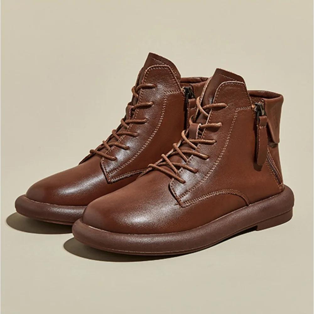 Fashion Flat Bottomed Boots for Women Autumn and Winter Washed Retro Casual Women Boots with Double-sided Zippers Womens Flats Shoes