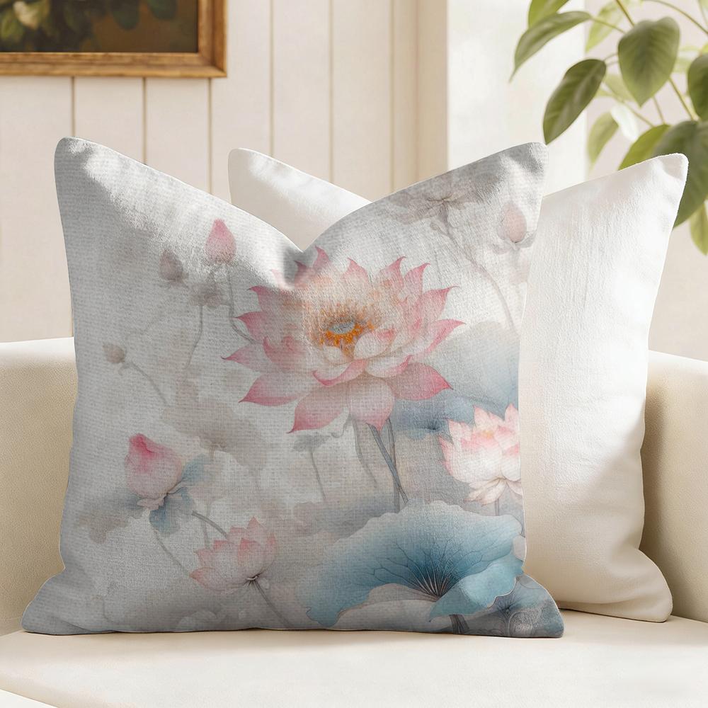 Beauty Lotus Cushion Cover Natural Linen Pillow Cover DoubleSided Print Cushion Cover for Sofa Home Decor