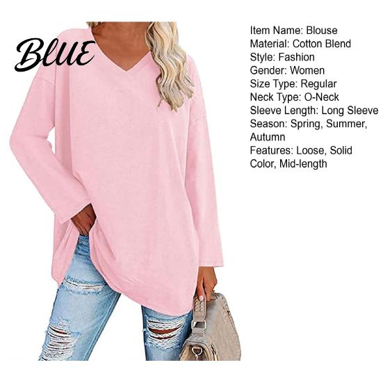 T-shirt Top V-neck Long Sleeve Mid-Length Spring Tunic Autumn Solid Color Loose Pullover Streetwear Blouse