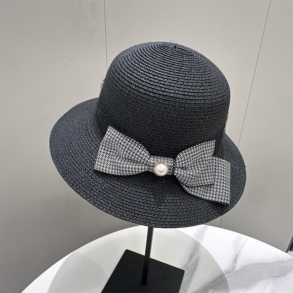 New Simple Hepburn Butterfly Knot Straw Hat Women's Beach Hat French Vintage Pearl Fisherman Sun Hat Bucket Hat