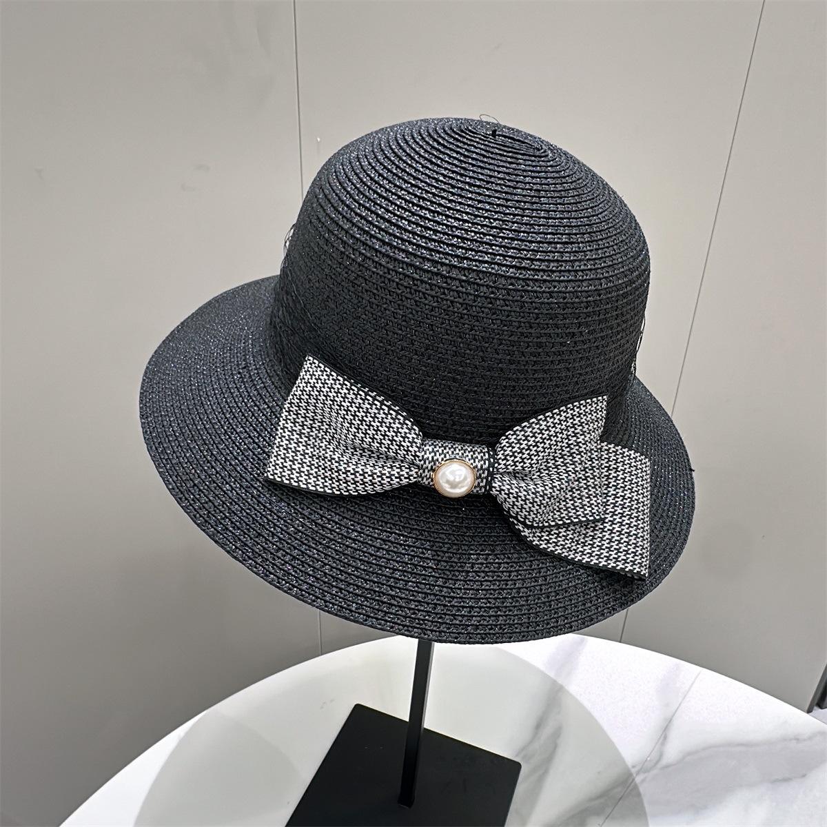

New Simple Hepburn Butterfly Knot Straw Hat Women s Beach Hat French Vintage Pearl Fisherman Sun Hat Bucket Hat чорний