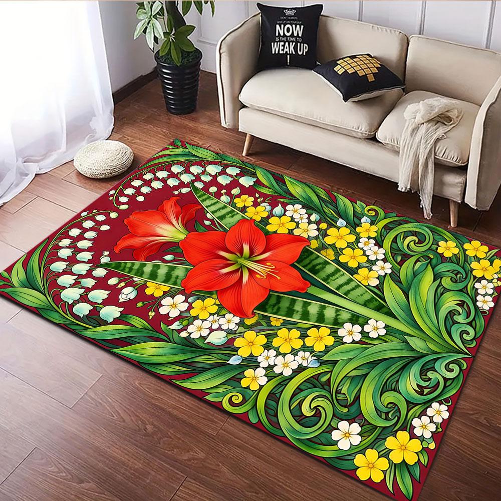 Red Lily Floral Pattern Design Patterned carpet, suitable as a non slip play mat for the living room and bedroom sofa