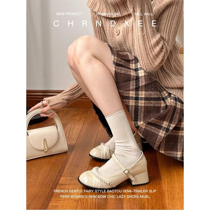Skinny French Mary Jane shoes soft leather light mouth thick heel pearl single shoes with skirt fairy style foreign style versatile shoes