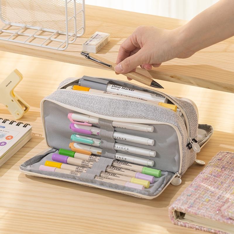 Angoo Linen Type Cloth Pencil Case Pen Bag 3 Compartments Storage Pouch Organizer for Stationery