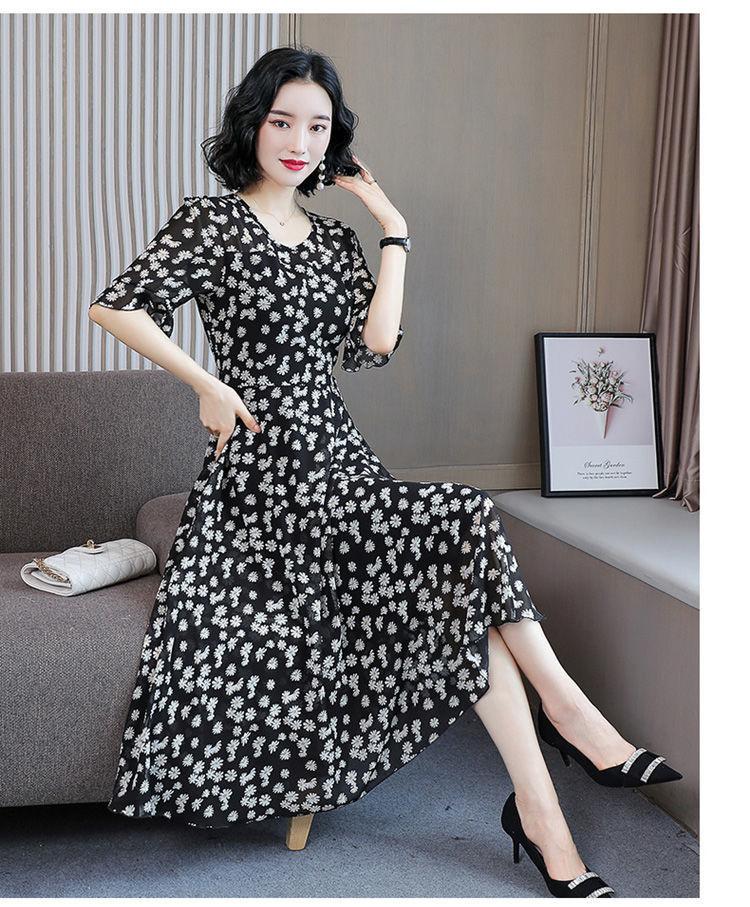 Summer dress women's summer new temperament large size long over knee waist thin floral dress fashion women's clothing