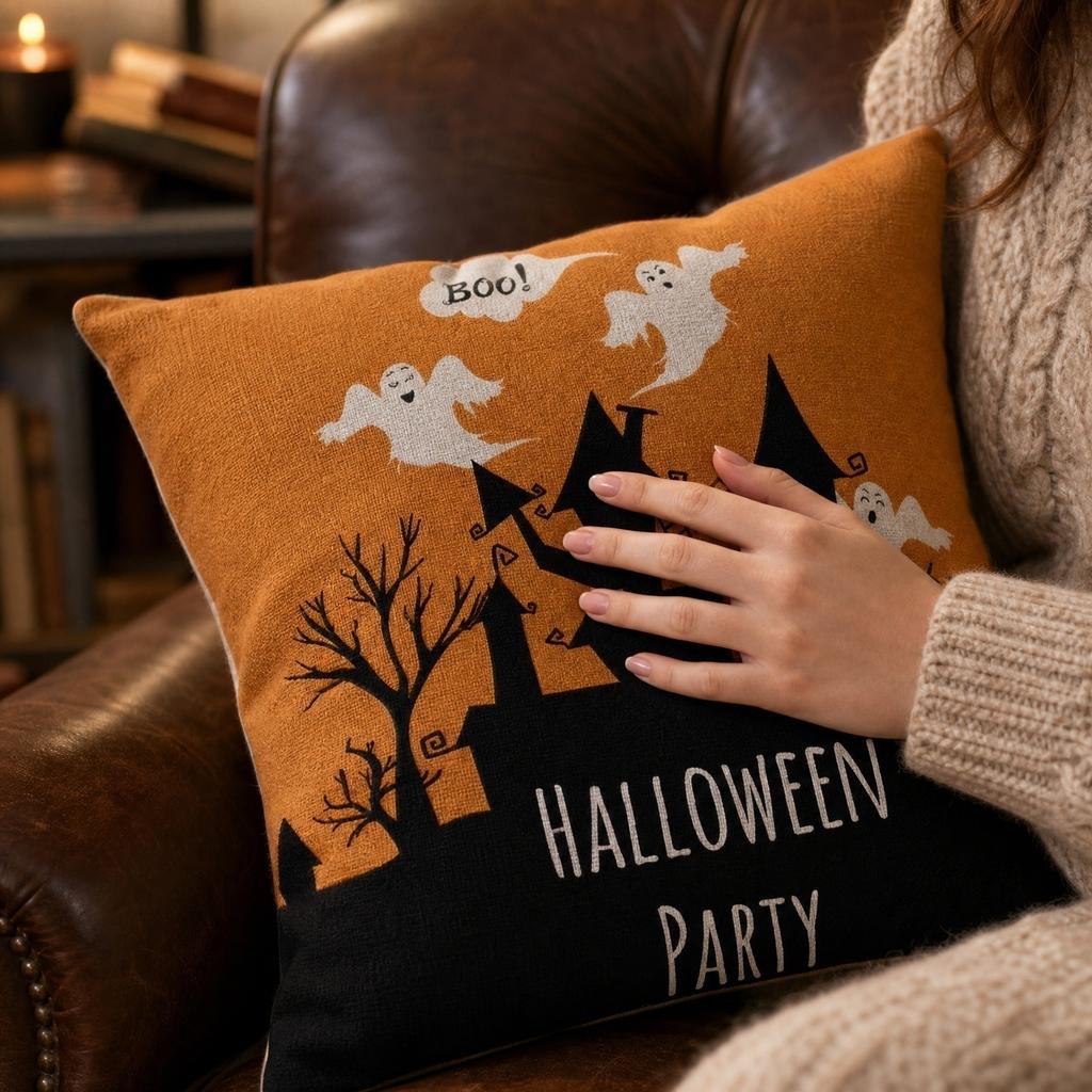 4PCS Halloween Pillow Covers Set Decorative Sofa Throw Pillowcases with Pumpkin and Haunted House Designs for Home Decor