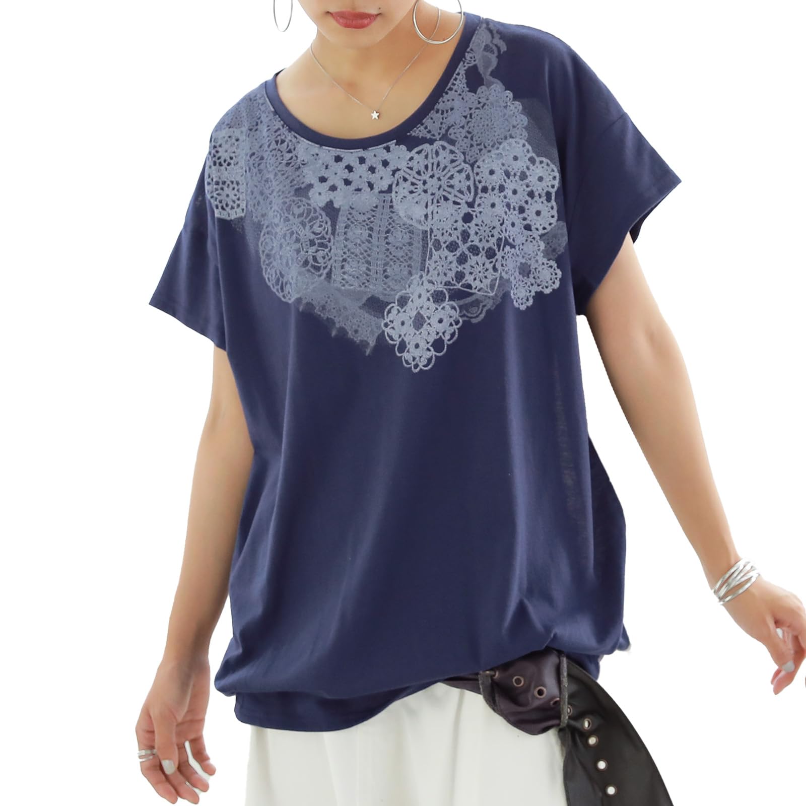 

n OrLABEL Oshare Walker [Lace Print x Striped T-Shirt] Women s Spring/Summer Short Sleeve T-Shirt with Striped Print (tay1171)