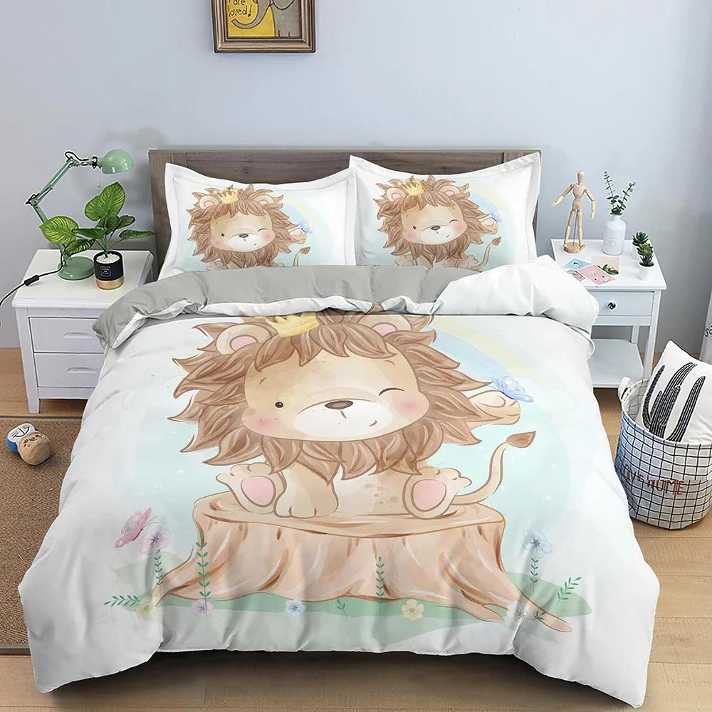 Cartoon Animal Duvet Cover Set Kids Lion Hippo Giraffe Pattern Bedding Set Polyester Single Twin Queen King Size Comforter Cover