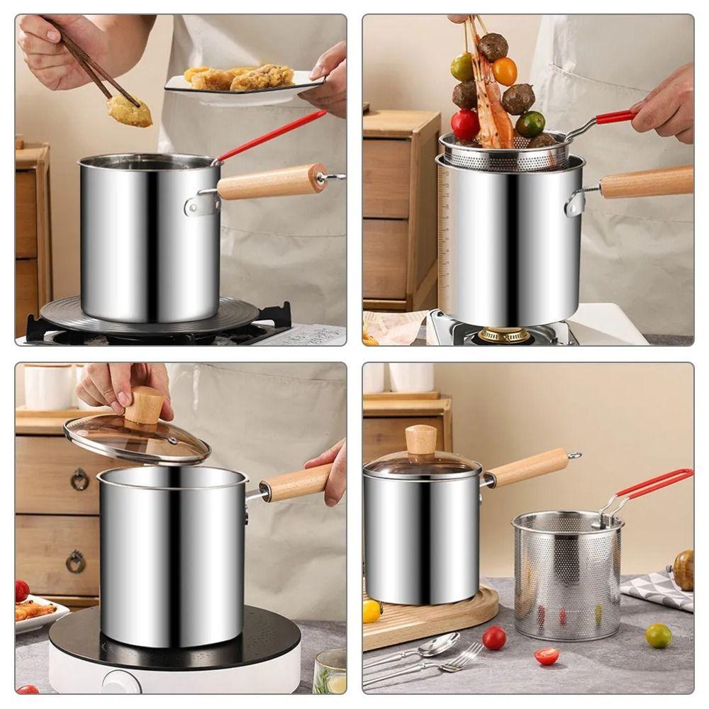 Wood Handle Deep Fryer with Strainer Strainer Basket Milk Warmer Pot Deep Fryer Pot Chicken Frying